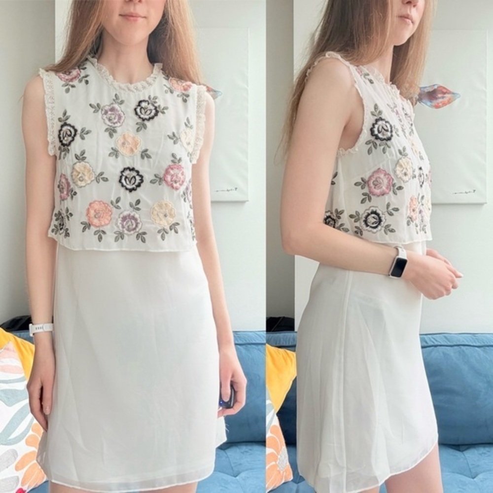 Needle & Thread Floral Embroidered Mini Dress - White and Pink